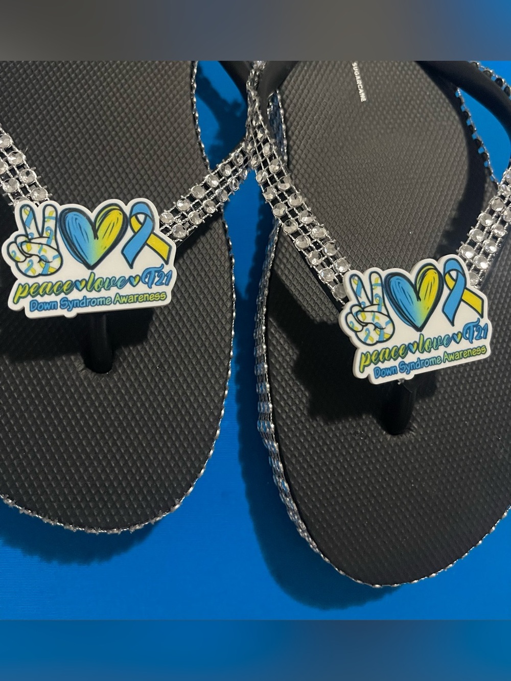 Crystal Strap Black Flip Flops with Peace Love Down Syndrome Awareness Charms